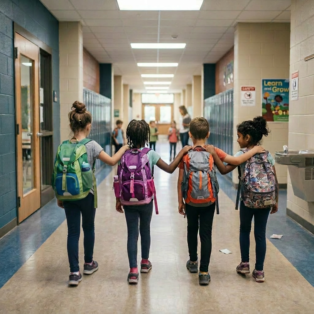 Four children walking on a dirt path with backpacks, holding hands and arms over shoulders